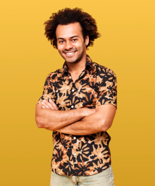 Male Black Model Wearing Micronesia Print Shirt
